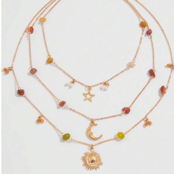Boho Sun, Moon, & Stars Layered Necklace NEW - Picture 3 of 3